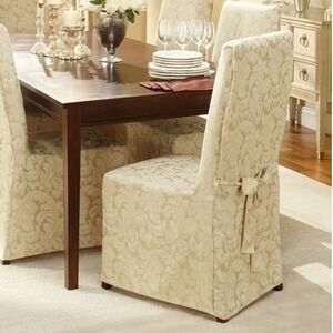 SureFit Long Dining Chair Slipcover Scroll Champagne Relaxed Fit 1 Piece New